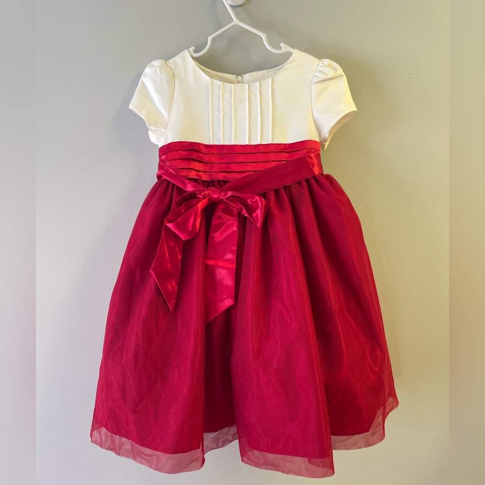 Girls formal dress white top with red satin empire waist, bow with red skirt